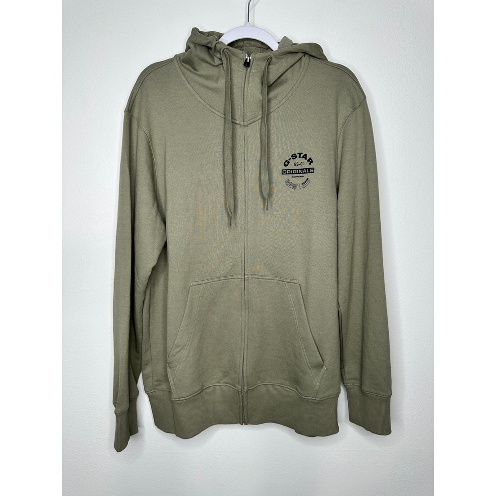 G-Star Raw Originals Mens XL Full Zip Hoodie Green Graphic Sweatshirt Streetwear
